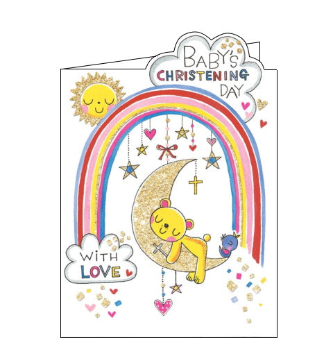 A teddy bear sleeps soundly on a gold glittery crescent moon, underneath a rainbow, clouds and smiling sun, on this cute Christening card. The text on the front of this new baby card reads 