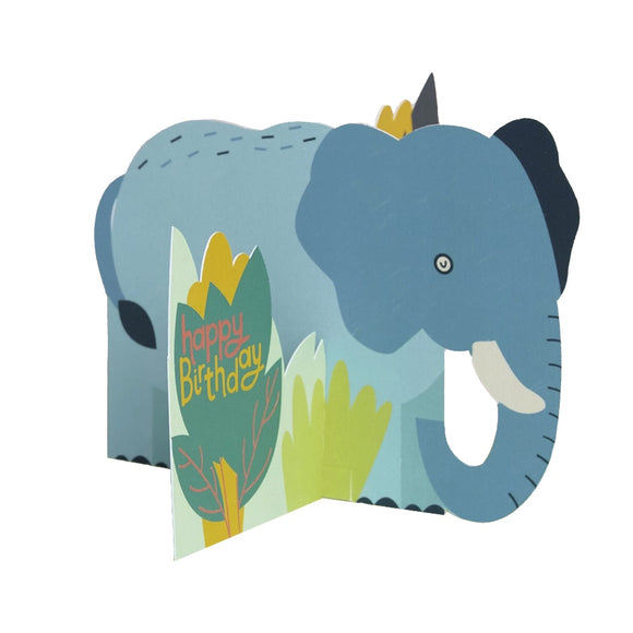 This lovely birthday card is folds out into a 3d card of an elephant dwarfing bushes on the plains. Shiny metallic text on the front of the card reads 