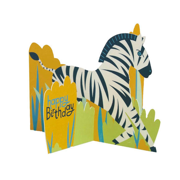 This lovely birthday card is folds out into a 3d card of a zebra galloping through the African plains. Shiny metallic text on the front of the card reads 