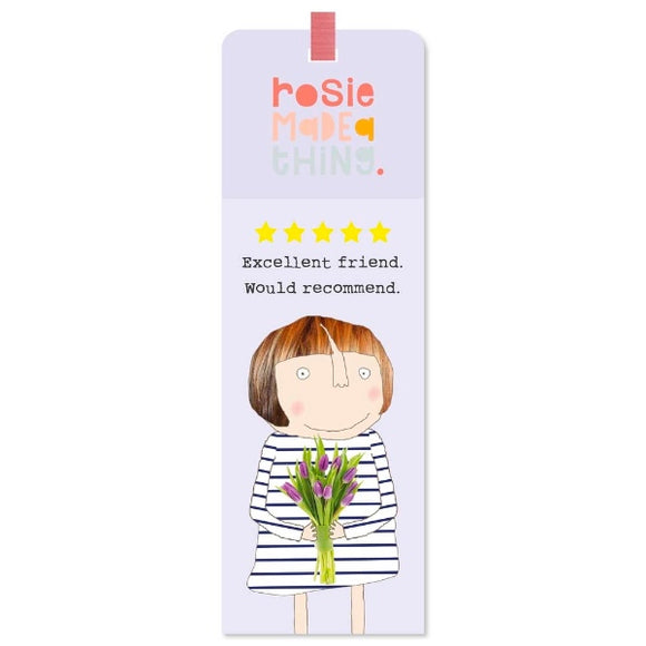 This bookmark features one of Rosie Made a Thing's unmistakably witty and charming illustrations, showing a woman in a breton striped top, holding a bunch of flowers. The caption on the book mark reads 