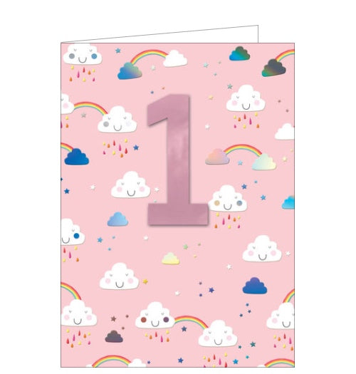 This first birthday card is decorated with tiny rainbows and rainclouds in a pink sky. A large metallic pink '1' stands out from the background.