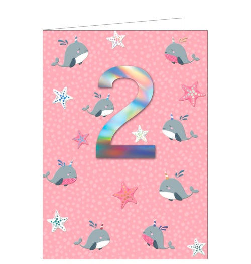This second birthday card is decorated with cute little dolphins and starfish. A large metallic silver '2' stands out from the background.