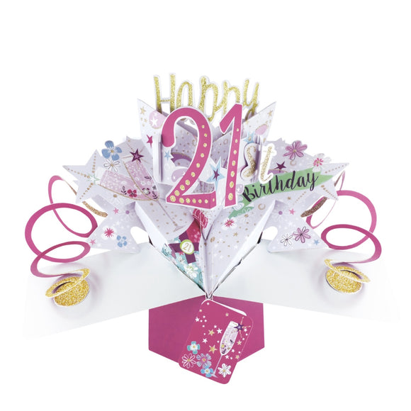 A spectacular pop-up 3D keepsake 21st birthday card, that opens to unleash bright pink streamers, glittering stars, champagne bottles and text that reads 