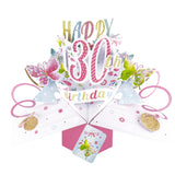 A spectacular pop-up 3D keepsake 30th birthday card, that opens to unleash pink streamers, delicate butterflies and text that reads "Happy 30th Birthday".