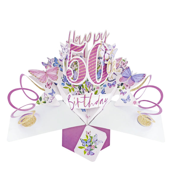 A spectacular pop-up 3D keepsake 50th birthday card, that opens to unleash pink streamers, delicate butterflies and text that reads 