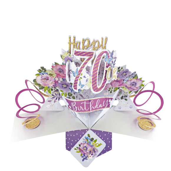 A spectacular pop-up 3D keepsake 70th birthday card, that opens to unleash pink streamers, delicate flowers and text that reads 
