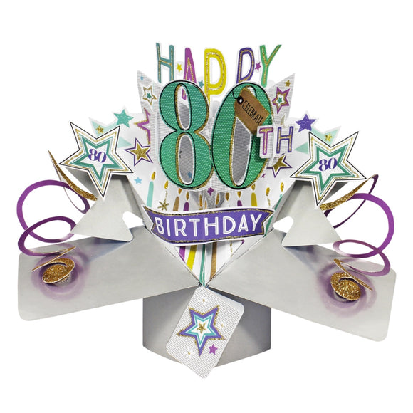 A spectacular pop-up 3D keepsake 80th birthday card, that opens to unleash purple streamers, gold glittery stars and text that reads 