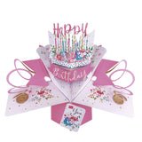 This pink pop-up 3D keepsake card is decorated with a pink birthday cake topped with glittery cake candles and flowers. Text on the card reads "Happy Birthday to you".