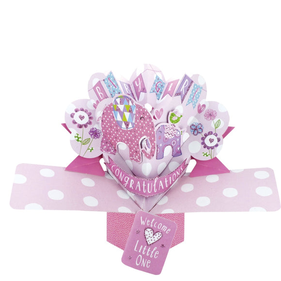 This 3D keepsake new baby girl card is decorated with two glittery pink patchwork elephants, surrounded by flowers. Text on the card reads 