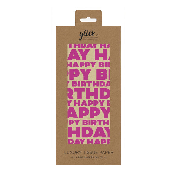 This patterned tissue paper is perfect for wrapping gifts, cushioning delicate items and or adding sophistication to gift bags. This tissue has an unbleached brown kraft paper background, printed with large neon pink text that reads 
