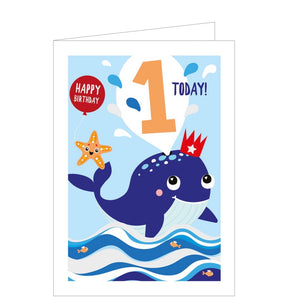 This adorable 1st birthday card is decorated with a smiling blue whale, leaping out of the ocean, wearing a red birthday crown and with a friendly starfish hitching a ride on its tail. The text on the front of this first birthday card reads "Happy Birthday! 1 Today".  