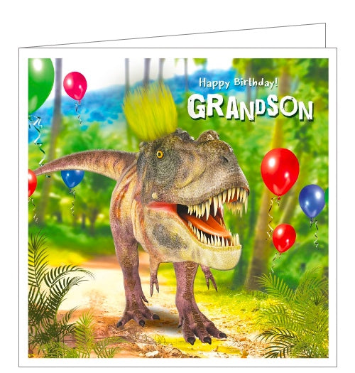 This quirky  birthday card for a dinosaur-mad grandson is decorated with a t-rex dinosaur - with a tuft of neon green hair - walking through the jungle. The text on the front of the card reads 