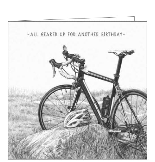 This eye catching birthday card from Pigment Production's Life in Pencil card range is decorated with a black and white sketch of a bike out in the countryside. The caption on the front of the card reads 