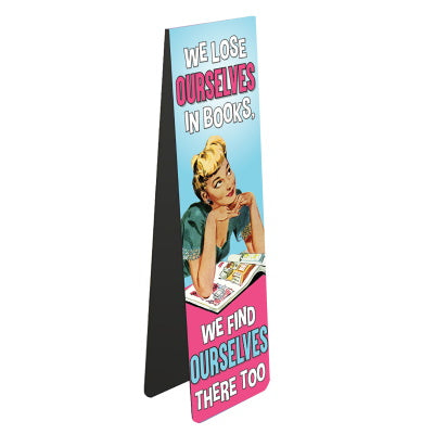 This magnetic book mark for a glamorous book lover is decorated with a vintage illustration of a woman looking up from a book. The text on the bookmark reads 