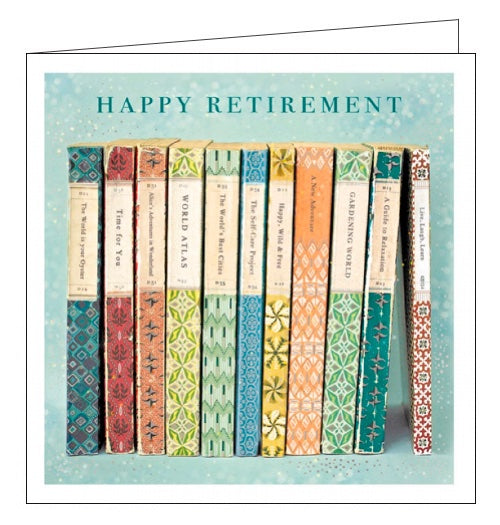 This beautiful retirement card is decorated with a row of vintage paperback books with titles on their spines that read 