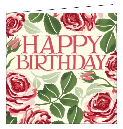 This elegant birthday card is decorated with Emma Bridgewater's iconic stamped red roses with green leaves. Embossed pink text nestled among the flowers reads 