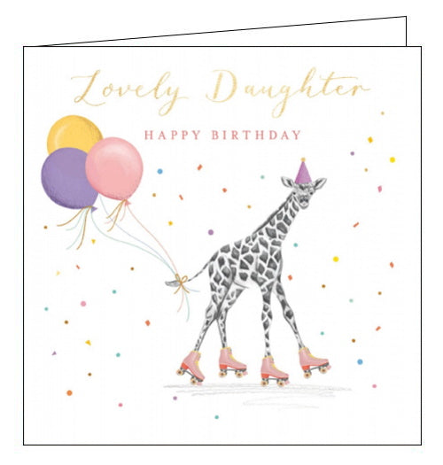 This wonderful, whimsical birthday card for a special daughter is decorated with a giraffe, ready to party in a party hat and roller-skates, with a bunch of balloons tied to its tail. The text on the front of the card reads 