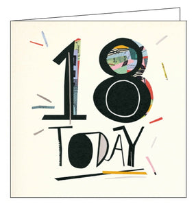 This 18th Birthday card is features big bold black text that reads "18 TODAY" embellished with silver detailing, and patchwork elements.