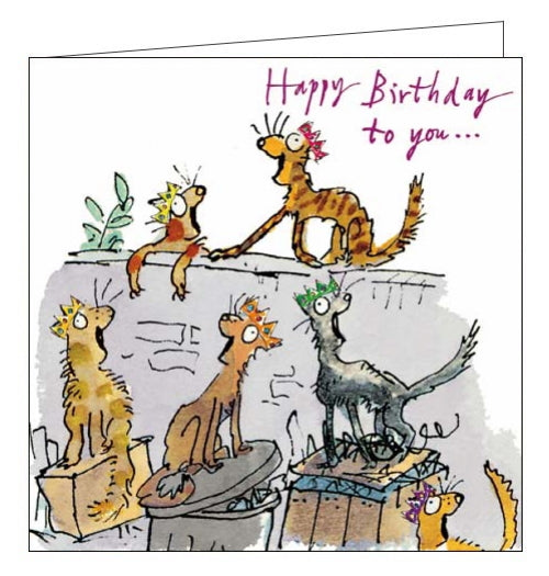 Fantastic and bright Birthday card featuring the artwork of Quentin Blake. Blake's illustrations are instantly recognisable and loved by all due to his long association with the stories of Roald Dahl. This birthday card is decorated with a pack of cats in party hats singing, what we're sure must be a beautiful, tuneful, birthday song out by the bins.