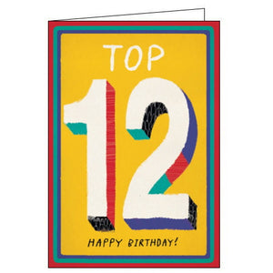 This 12th birthday card is decorated with a large 12 with a multicoloured shadow. The text on the front of the card reads "Top 12...Happy Birthday!"