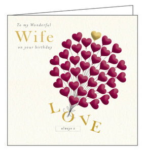This birthday card for a special wife is decorated with a large bunch of heart-shaped balloons rising into the air. The text on the front of the card reads "To my Wonderful Wife on your Birthday...Love always x"