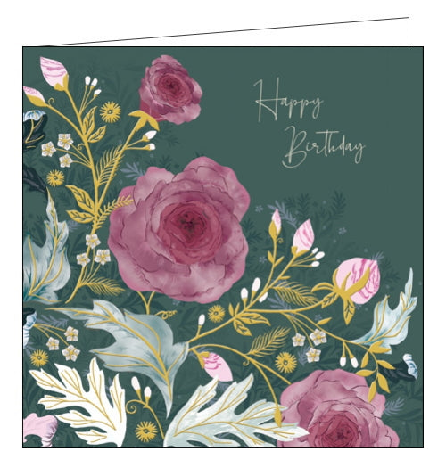 This lovely birthday card from the National Trust range is decorated with a close up of a rose bush blooming with light pink buds and rich flowers. The text on the front of the card reads 