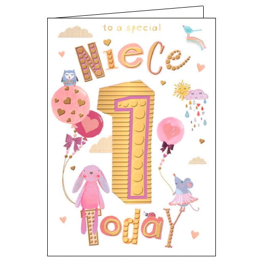 This 1st birthday card for a special Niece is decorated with cute animals holding balloons. Embellished gold text on the front of the card reads 
