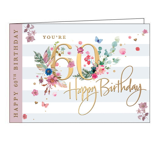 Gold text on the front of this lovely 60th Birthday card reads 