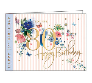 Gold text on the front of this lovely 80th Birthday card reads "You're 80...Happy Birthday". Butterflies and colourful flowers surround the "80".