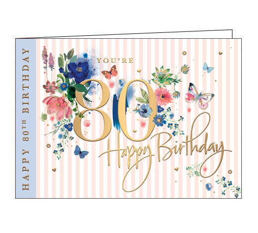 Gold text on the front of this lovely 80th Birthday card reads 