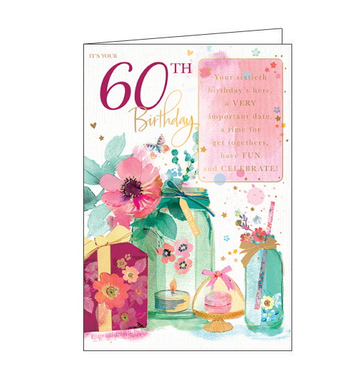 This 60th birthday card is decorated with a watercolour illustration of flowers in vases, a glass cake stand with a macaroon in and a birthday present. Gold text on the front of the card reads 