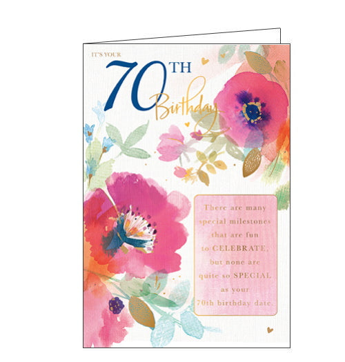 This 70th birthday card features a design of pink watercolour flowers. The text on the front of the card reads 
