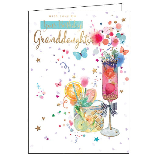 With Love on Your Birthday Granddaughter - Birthday CardThis birthday card for a special granddaughter is decorated with two delicious looking cocktails surrounded by butterflies and gold stars. The text on the front of the card reads 