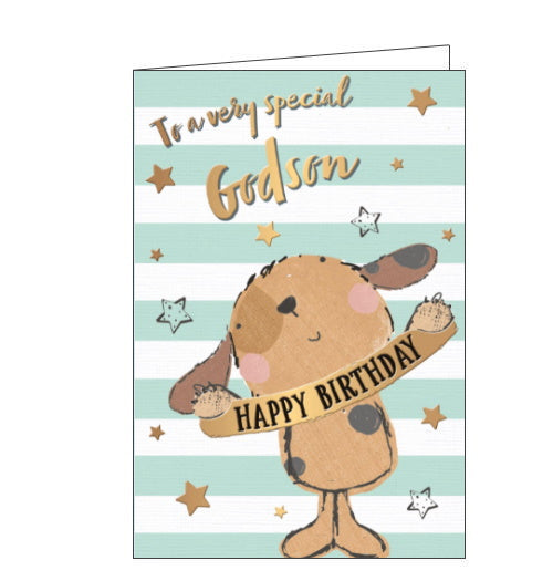 This cute birthday card for a special godson is decorated with a cartoon dog holding up a Happy Birthday banner. Gold text on the front of the card reads 
