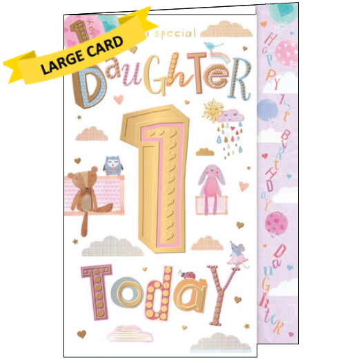 This 1st birthday card for a special Daughter is decorated with cute animals, balloons and clouds. Embellished gold text on the front of the card reads 