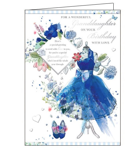 This birthday card for a lovely Granddaughter is decorated with a gorgeous, glamourous blue gown on a mannequin, surrounded by blue flowers. The text on the front of the card reads 