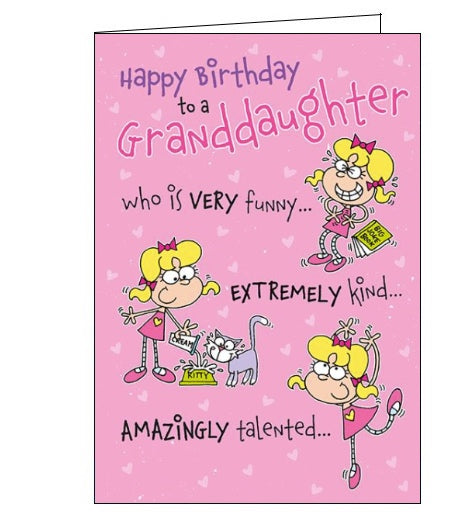 This birthday card for a special granddaughter is decorated with three cartoon young women, one reading a joke book, one feeding a cat and one doing ballet. The text on the front of the card reads 