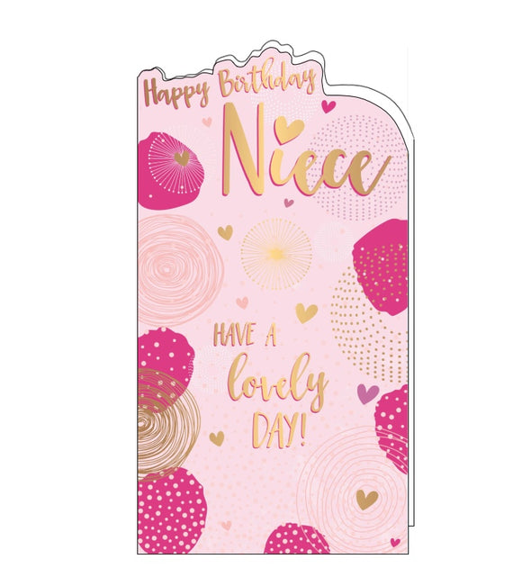 This birthday card for a special niece is decorated with gold, pink, purple and white hearts and confetti. Gold text on the front of the card reads 