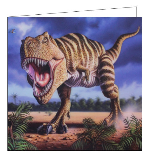 This stunning blank greetings card features detail from an artwork by Jerry LoFaro showing a brown t-rex dinosaur, with its mouth open and teeth on display. A lenticular effect has been added to the image so that the dinosaur seems to be in 3d.