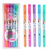 This pack of 5 gel pens comes in a clear plastic wallet secured with a pink fastener. The five pens are orange, pink, purple, blue and green and each pen is decorated with a member of the Top Model gang.