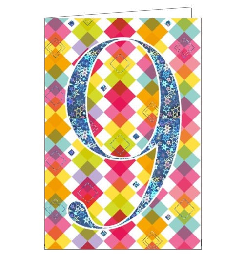 This 9th birthday card is decorated with a large iridescent metallic 9 against a background of colourful diamond shapes.