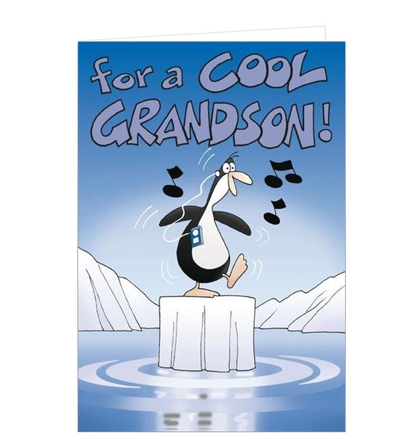 This modern birthday card for a special grandson is decorated with a cartoon penguin on an ice-flo dancing away to music from his headphones. The text on the front of the card reads 