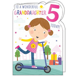 A young girl in a rides a scooter on the front of this 5th Birthday card for a special granddaughter. The text on the card reads "To a wonderful Granddaughter...5 today!"
