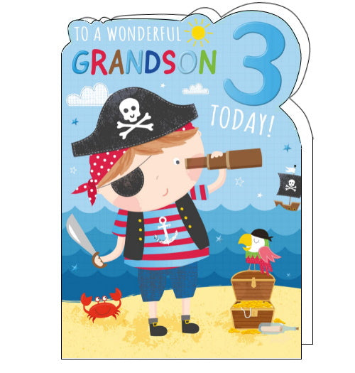 A young boy dressed as a pirate looks through a telescope at a pirate ship out at sea on the front of this 3rd Birthday card for a special grandson. The text on the card reads 