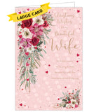  This large, luxury Christmas card for a very special wife is decorated with luscious flowers in whites, pinks and gold. Gold text on the front of the card reads "Christmas Wishes for my beautiful Wife...for so many reasons, far too many to guess, you fill my life with love and bring me so much happiness".