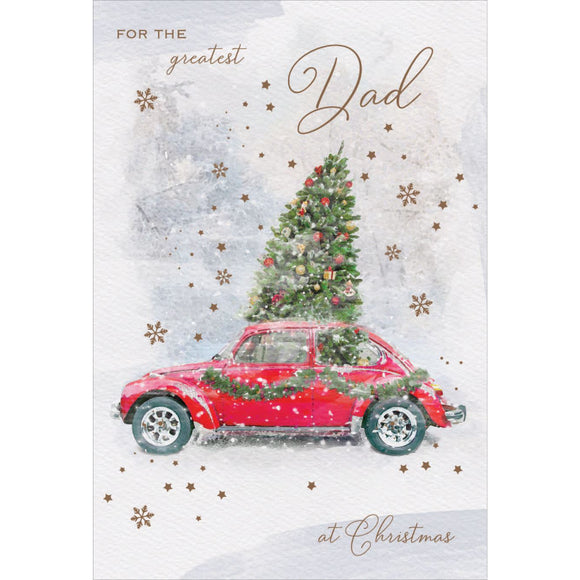 This lovely this lovely Christmas card is adorned with a festive illustration of a red car, adorned with garlands, and a MASSIVE Christmas tree bursting through the sunroof. The text on the front of the card reads 