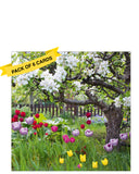 Send a thoughtful message with this elegant pack of six blank notelets from Abacus cards, featuring a stunning photographic image of vibrant tulips growing in long grass beneath an old tree in full bloom. The soft natural lighting and seasonal beauty make these cards perfect for springtime notes or any occasion that calls for a touch of floral charm.