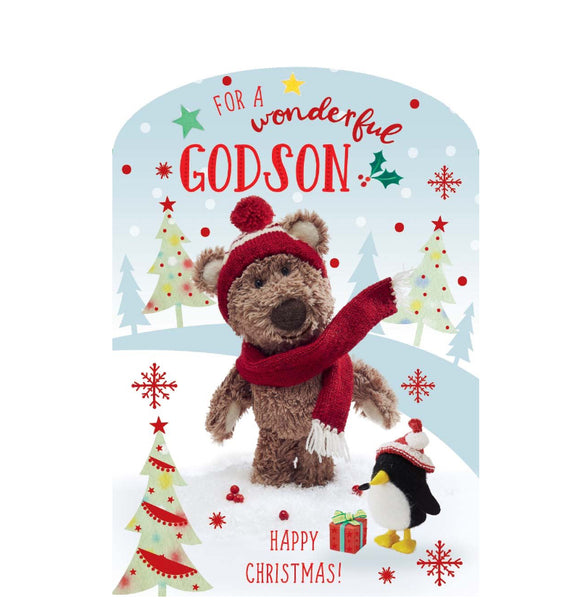 This Christmas card for a special godson is decorated with Barley the little brown bear, wrapped up in a red knitted scarf and hat, playing in the snow. The text on the front of the card reads 