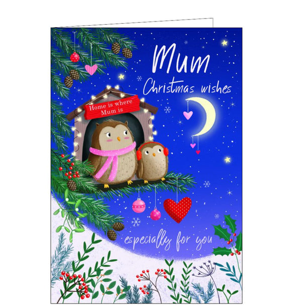 This special Christmas card for a mum features mum and baby owl sitting in their little house on a tree branch, looking up at the moon and stars together. Silver text on the front of the card reads 