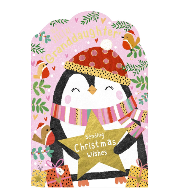 This luxurious Christmas card for a special granddaughter is decorated with a cute penguin, dressed in a bobble hat and scarf, surrounded by presents and friendly robins. The text on the front of the card reads 